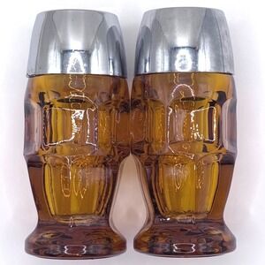 VTG Depression Honeycomb Amber Glass Salt and Pepper Shaker Set Metal Lids